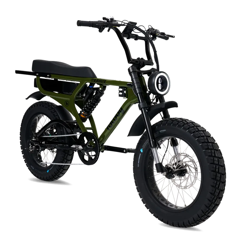Scrambler-style electric bike with fat tyres and dual suspension