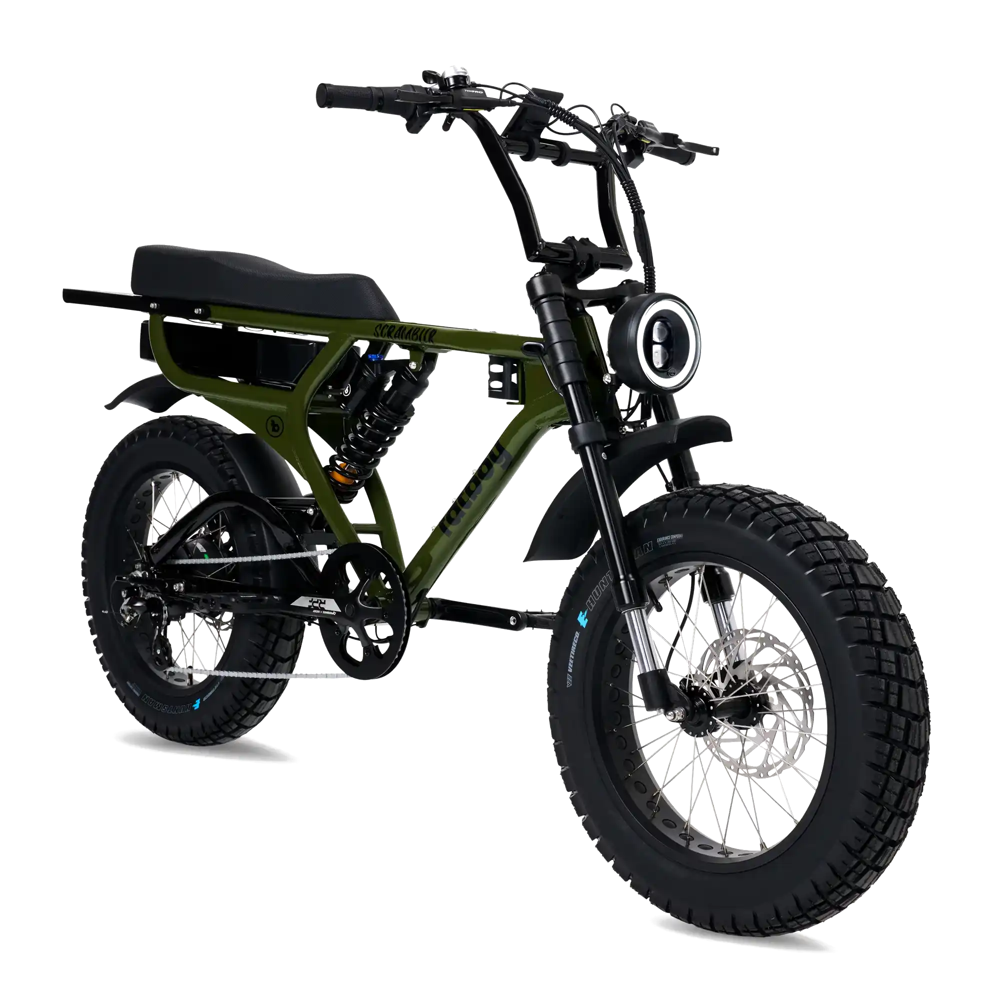 Scrambler-style electric bike with fat tyres and dual suspension